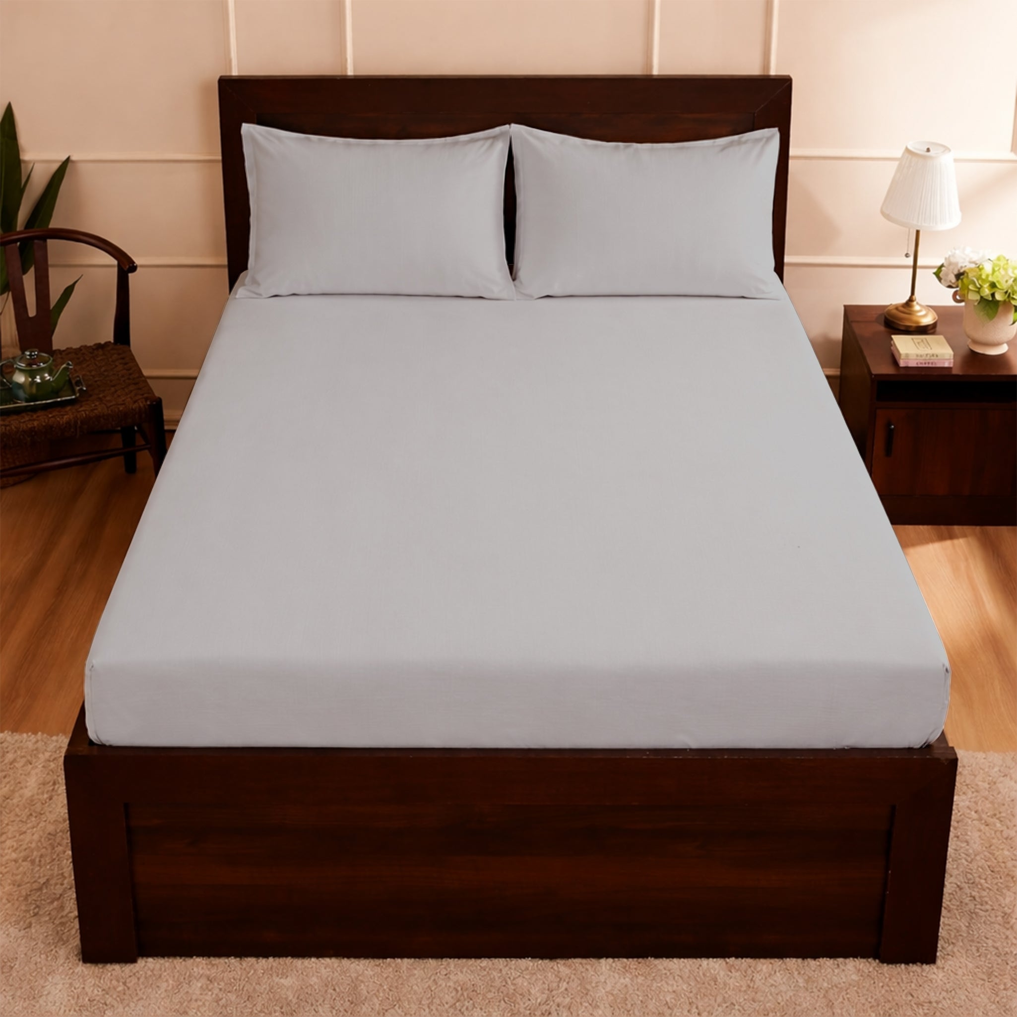 100% Cotton Feel Bedsheets 400 TC for Double Bed King Size (108 x108 Inch) with 2 Large Size Pillow Covers | Soft & Breathable | Wrinkle-Free | Premium Plain L.grey Bedsheet