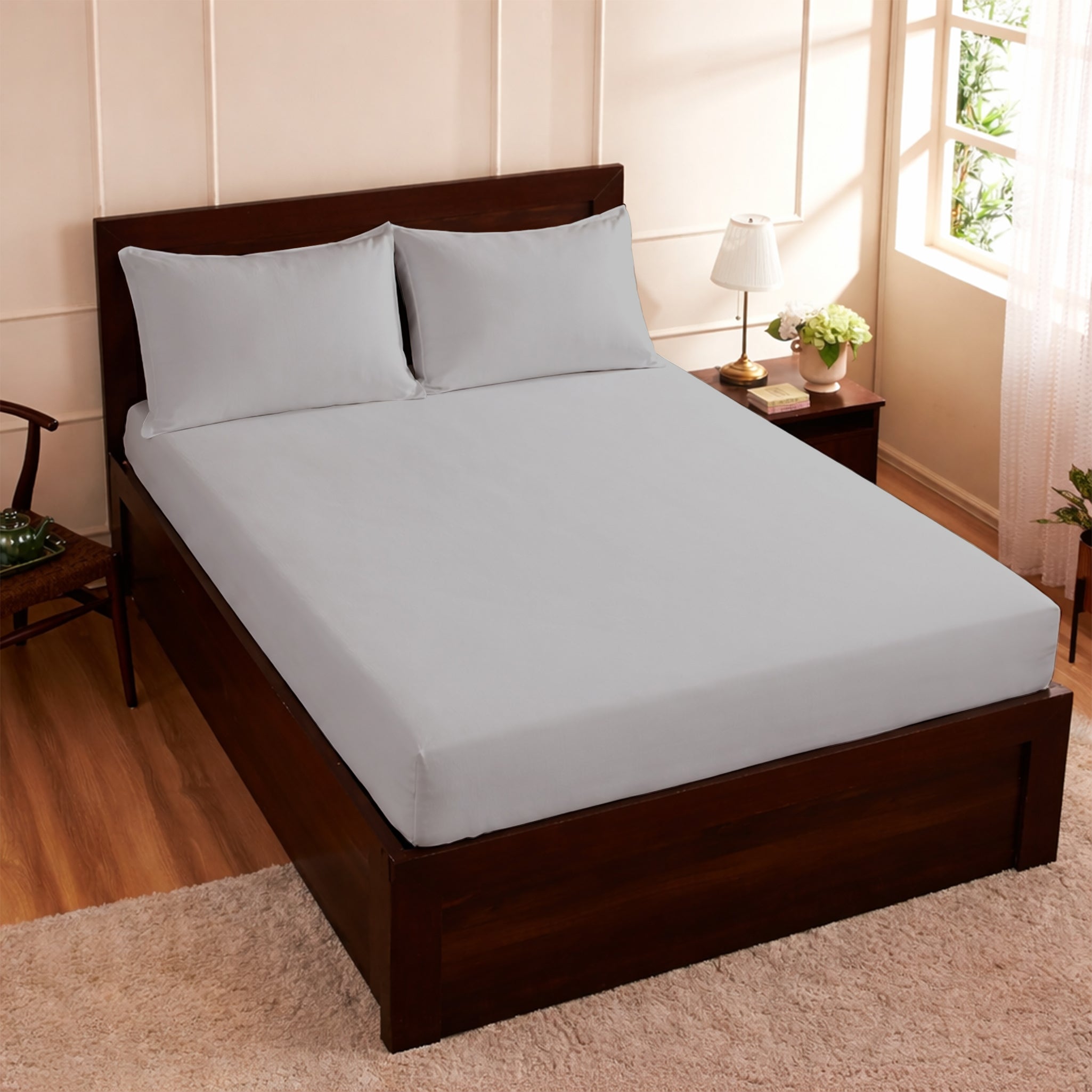 100% Cotton Feel Bedsheets 400 TC for Double Bed King Size (108 x108 Inch) with 2 Large Size Pillow Covers | Soft & Breathable | Wrinkle-Free | Premium Plain L.grey Bedsheet