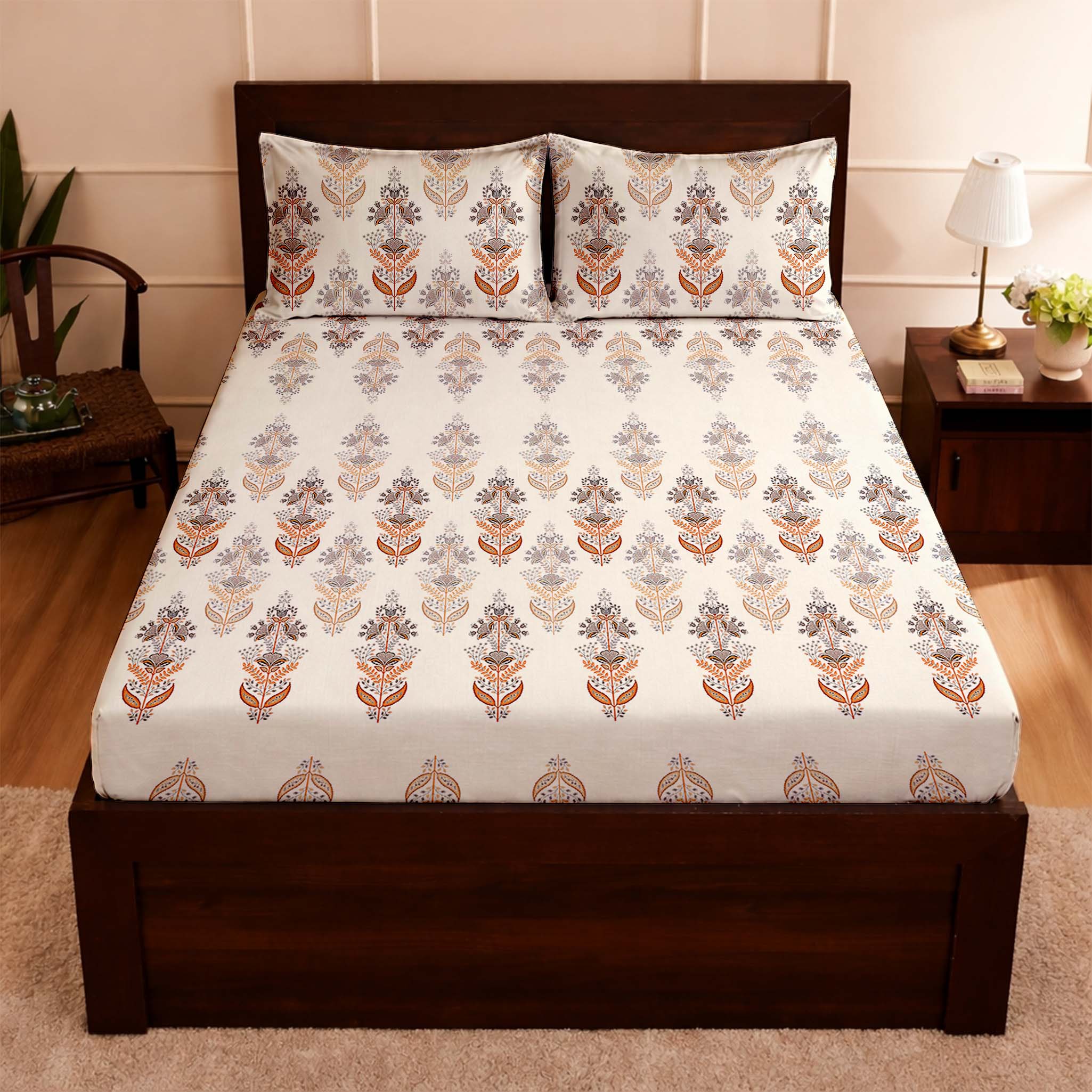 Raymond 100% Cotton Feel Bedsheets 200 TC for Double Bed King Size (108 x108 Inch) with 2 Large Size Pillow Covers | Soft and Breathable | Wrinkle-Free | Premium Printed Design Gold and White Floral