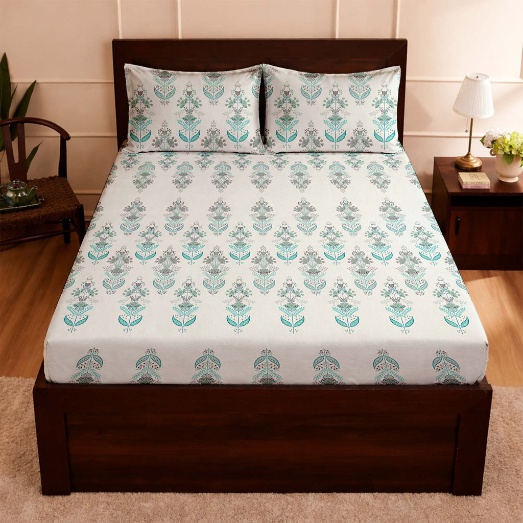 Raymond 100% Cotton Feel Bedsheets 200 TC for Double Bed King Size (108 x108 Inch) with 2 Large Size Pillow Covers | Soft and Breathable | Wrinkle-Free | Premium Printed Design Blue and White Floral