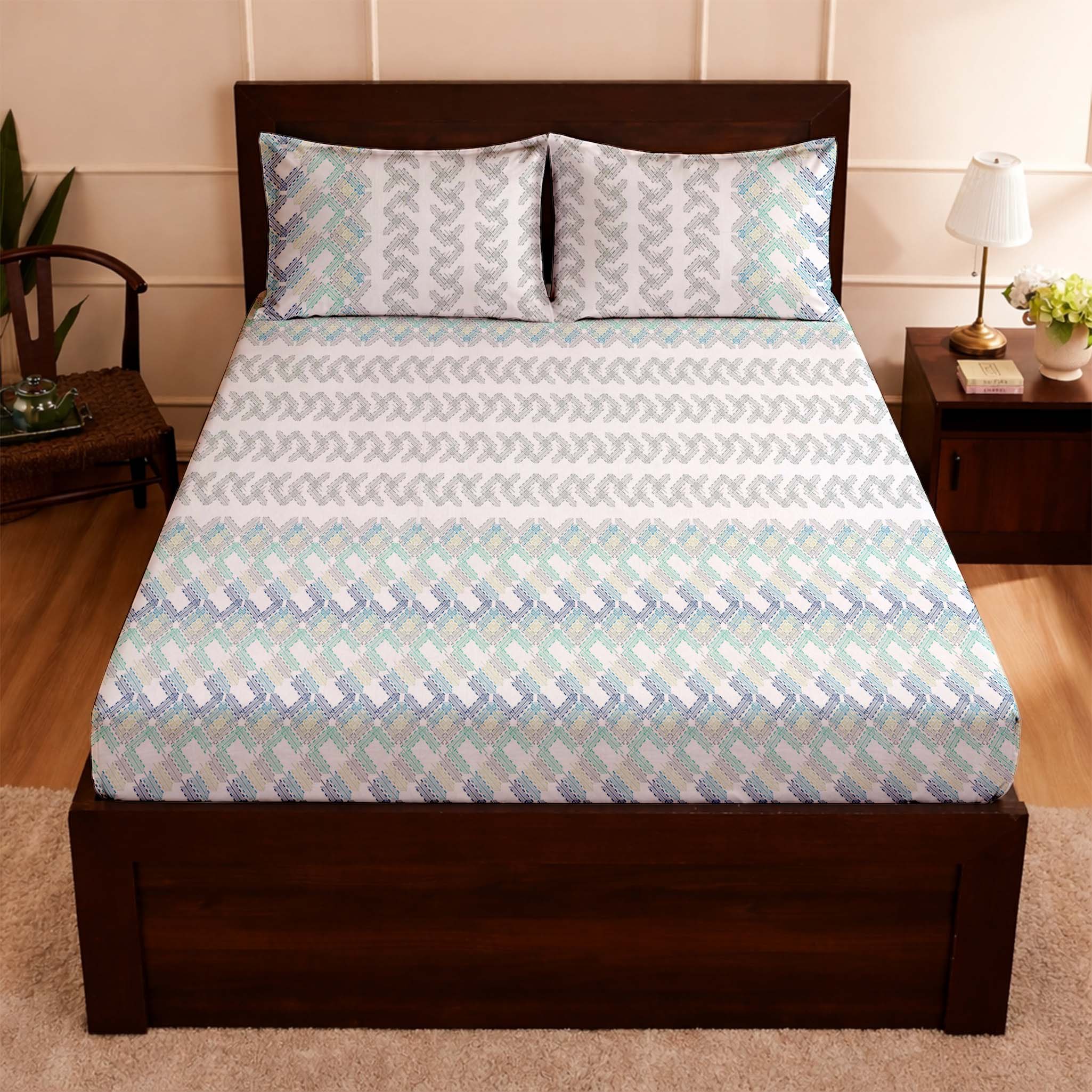 Raymond 100% Cotton Feel Bedsheets 200 TC for Double Bed King Size (108 x108 Inch) with 2 Large Size Pillow Covers | Soft and Breathable | Wrinkle-Free | Premium Printed Design Blue Leaf and White