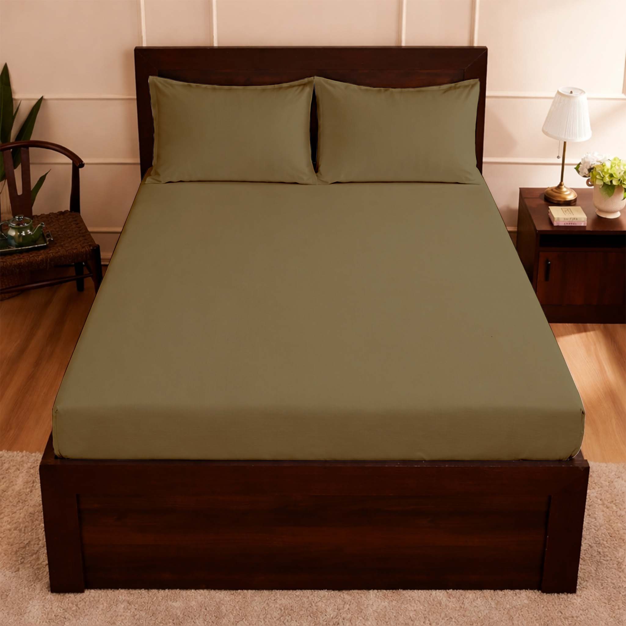 100% Cotton Feel Bedsheets 400 TC for Double Bed King Size (108 x108 Inch) with 2 Large Size Pillow Covers | Soft & Breathable | Wrinkle-Free | Premium Plain Beige Bedsheet