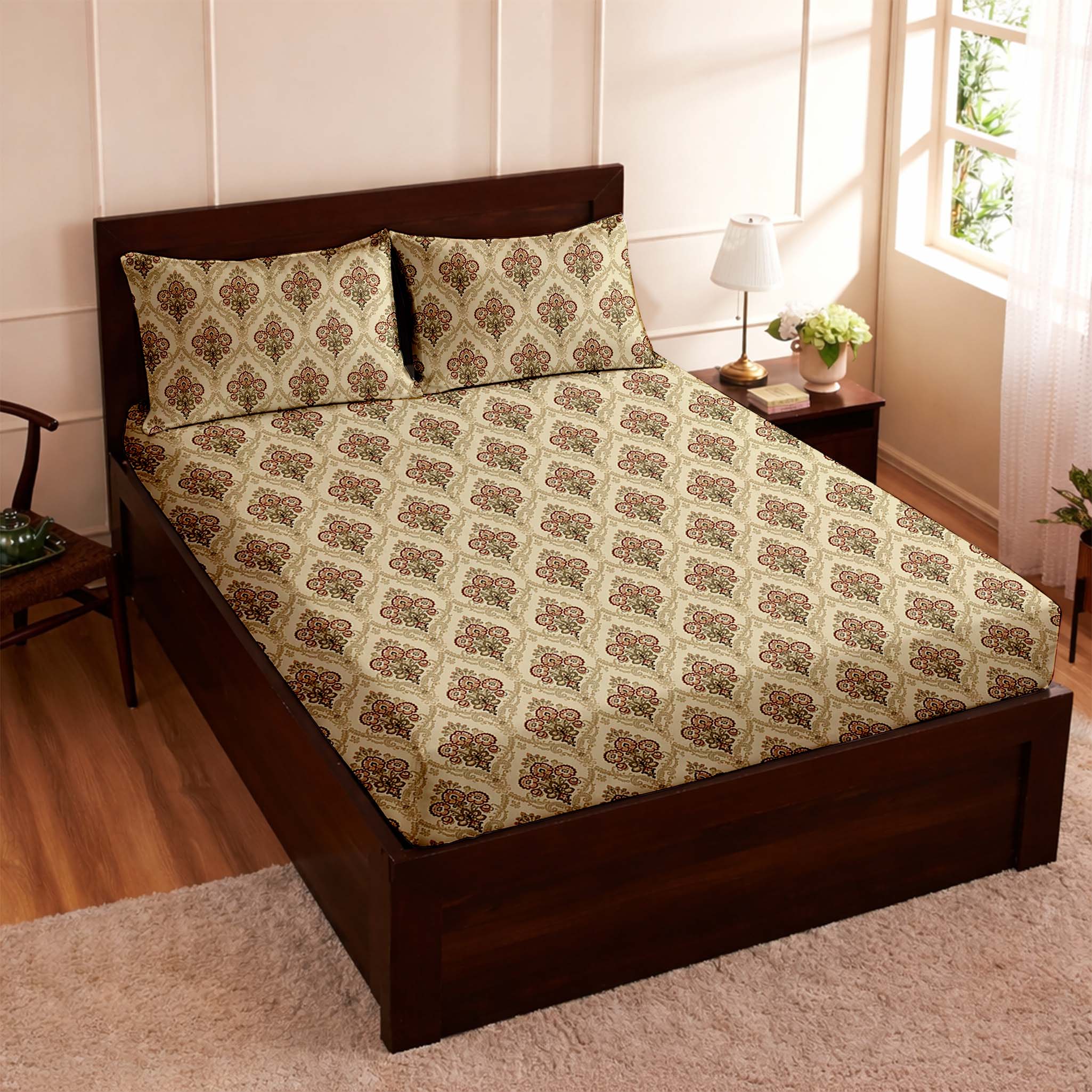 Raymond 100% Cotton Feel Bedsheets 200 TC for Double Bed King Size (108 x108 Inch) with 2 Large Size Pillow Covers | Soft and Breathable | Wrinkle-Free | Premium Printed Design Royal Green