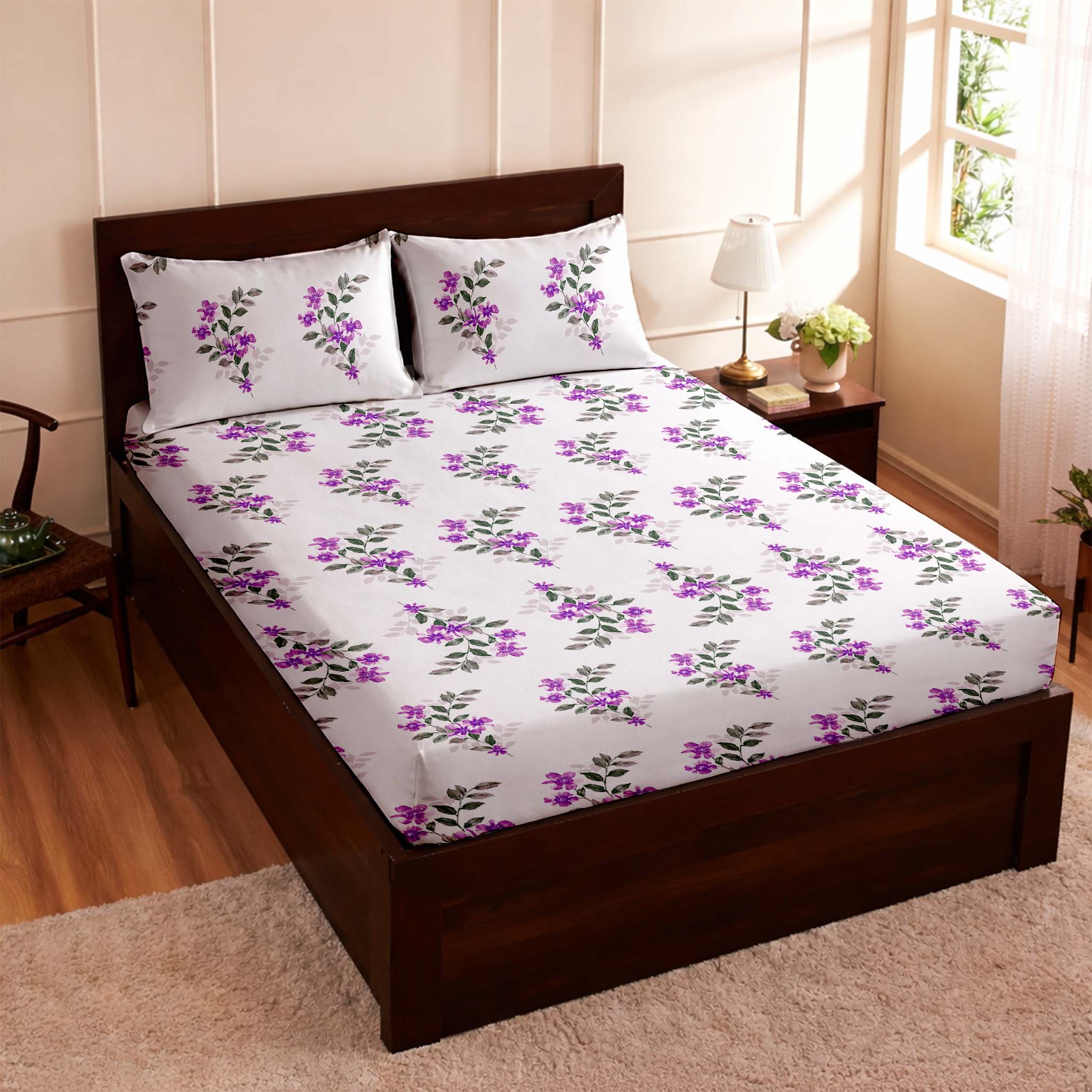 Raymond 100% Cotton Feel Bedsheets 200 TC for Double Bed King Size (108 x108 Inch) with 2 Large Size Pillow Covers | Soft & Breathable | Wrinkle-Free | Premium Printed Design Purple & Green