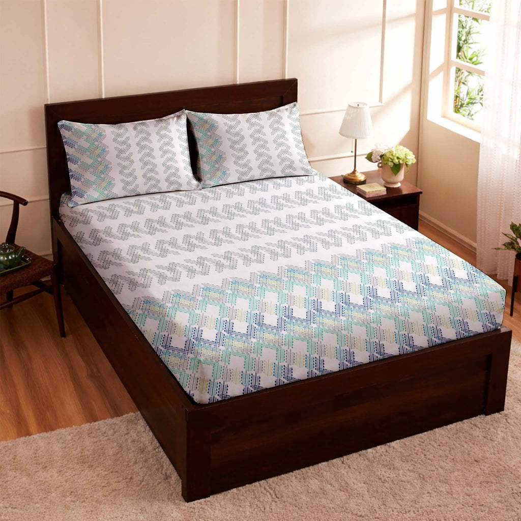 Raymond 100% Cotton Feel Bedsheets 200 TC for Double Bed King Size (108 x108 Inch) with 2 Large Size Pillow Covers | Soft and Breathable | Wrinkle-Free | Premium Printed Design Blue Leaf and White