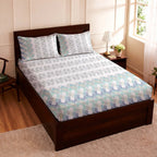 Raymond 100% Cotton Feel Bedsheets 200 TC for Double Bed King Size (108 x108 Inch) with 2 Large Size Pillow Covers | Soft and Breathable | Wrinkle-Free | Premium Printed Design Blue Leaf and White