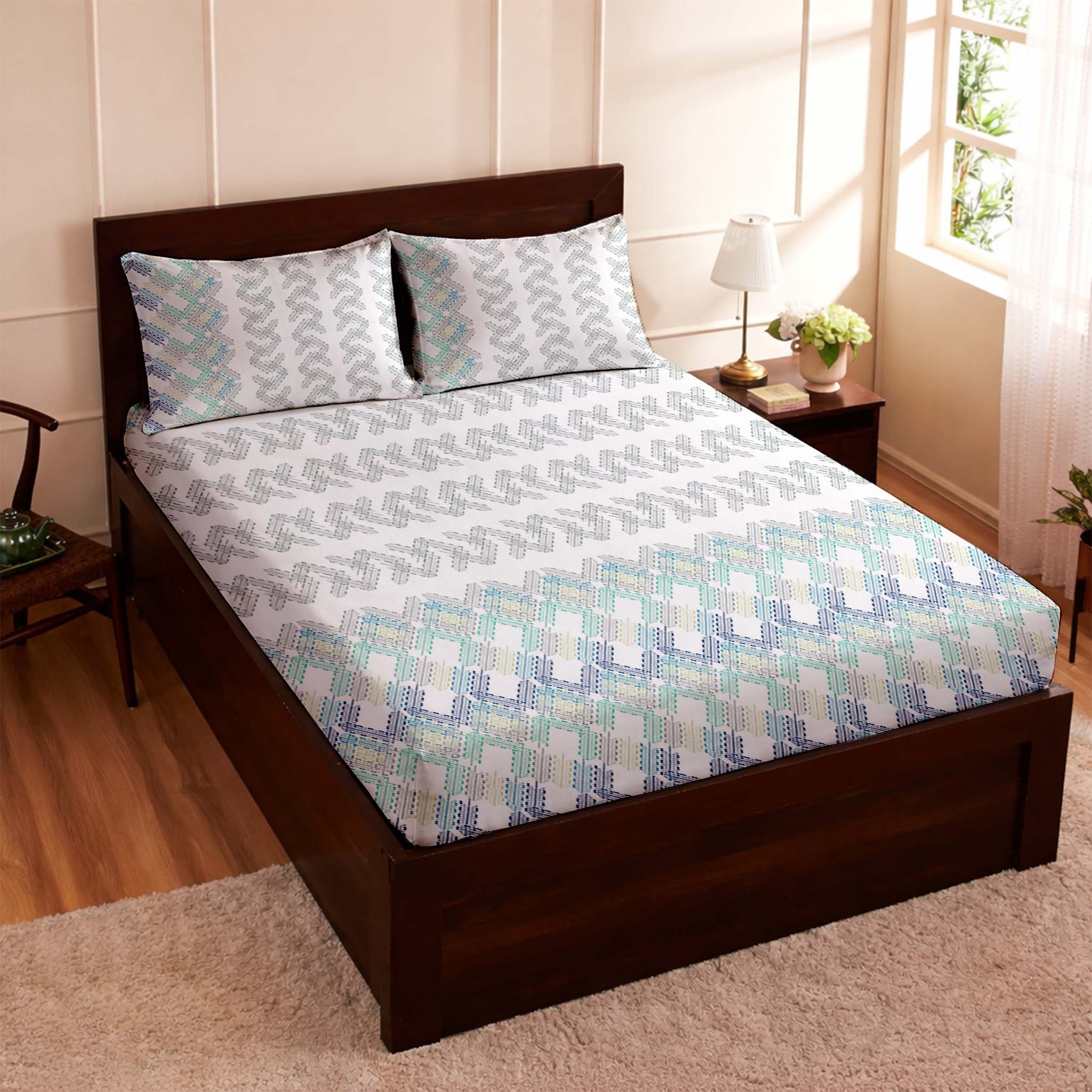 Raymond 100% Cotton Feel Bedsheets 200 TC for Double Bed King Size (108 x108 Inch) with 2 Large Size Pillow Covers | Soft and Breathable | Wrinkle-Free | Premium Printed Design Blue Leaf and White