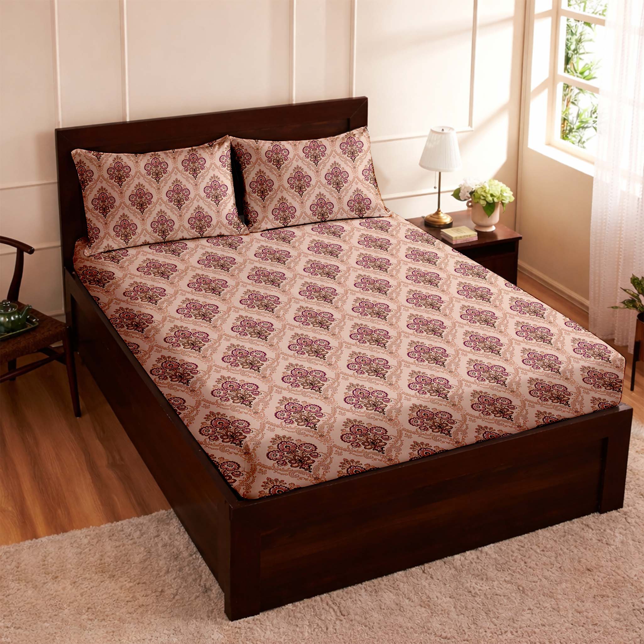 Raymond 100% Cotton Feel Bedsheets 200 TC for Double Bed King Size (108 x108 Inch) with 2 Large Size Pillow Covers | Soft and Breathable | Wrinkle-Free | Premium Printed Design Royal Maroon