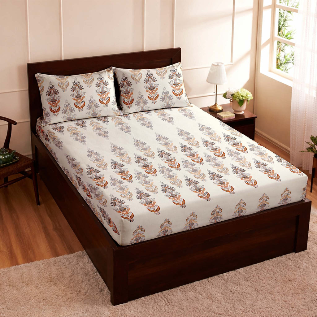 Raymond 100% Cotton Feel Bedsheets 200 TC for Double Bed King Size (108 x108 Inch) with 2 Large Size Pillow Covers | Soft and Breathable | Wrinkle-Free | Premium Printed Design Gold and White Floral