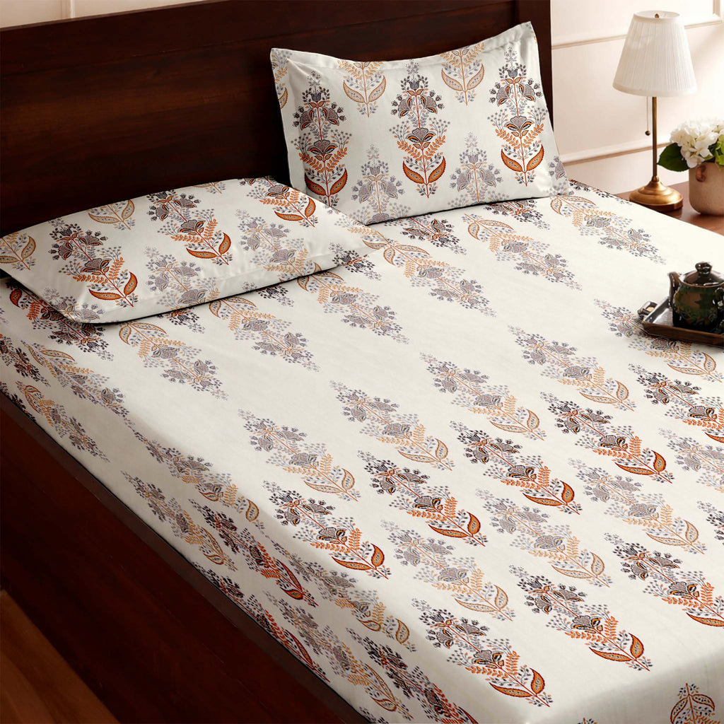 Raymond 100% Cotton Feel Bedsheets 200 TC for Double Bed King Size (108 x108 Inch) with 2 Large Size Pillow Covers | Soft and Breathable | Wrinkle-Free | Premium Printed Design Gold and White Floral