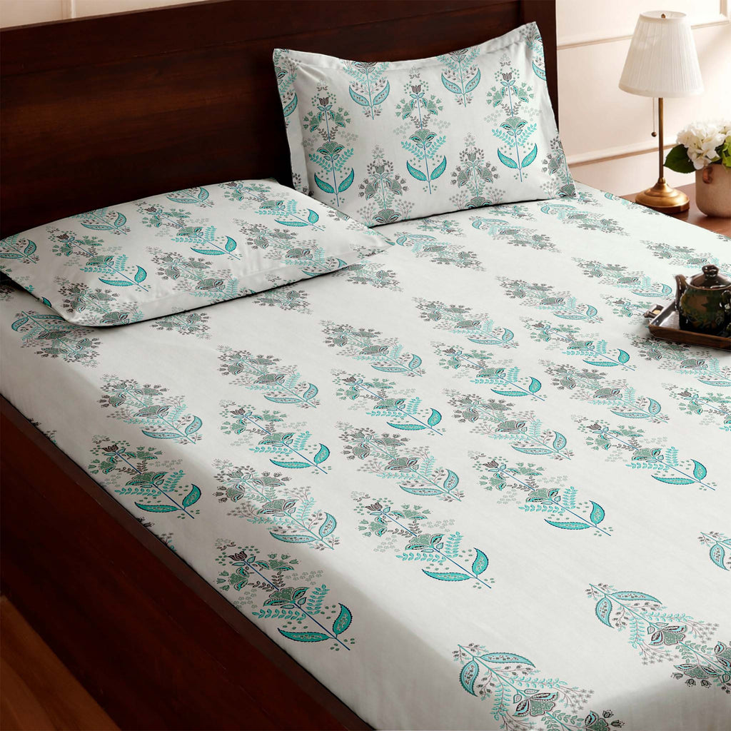 Raymond 100% Cotton Feel Bedsheets 200 TC for Double Bed King Size (108 x108 Inch) with 2 Large Size Pillow Covers | Soft and Breathable | Wrinkle-Free | Premium Printed Design Blue and White Floral