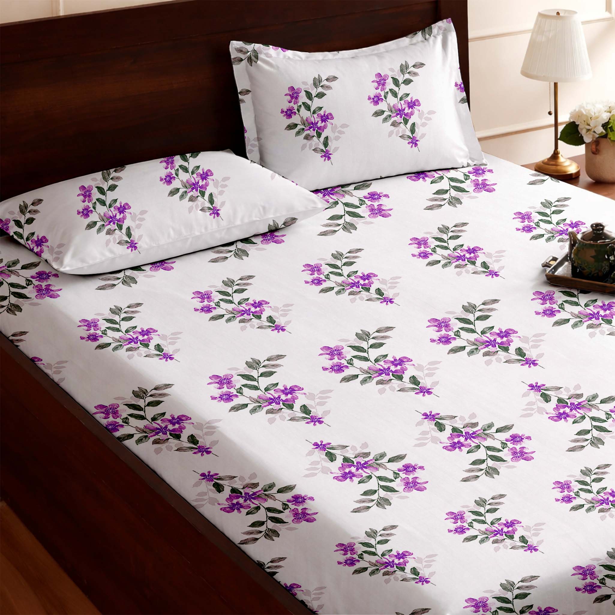Raymond 100% Cotton Feel Bedsheets 200 TC for Double Bed King Size (108 x108 Inch) with 2 Large Size Pillow Covers | Soft & Breathable | Wrinkle-Free | Premium Printed Design Purple & Green