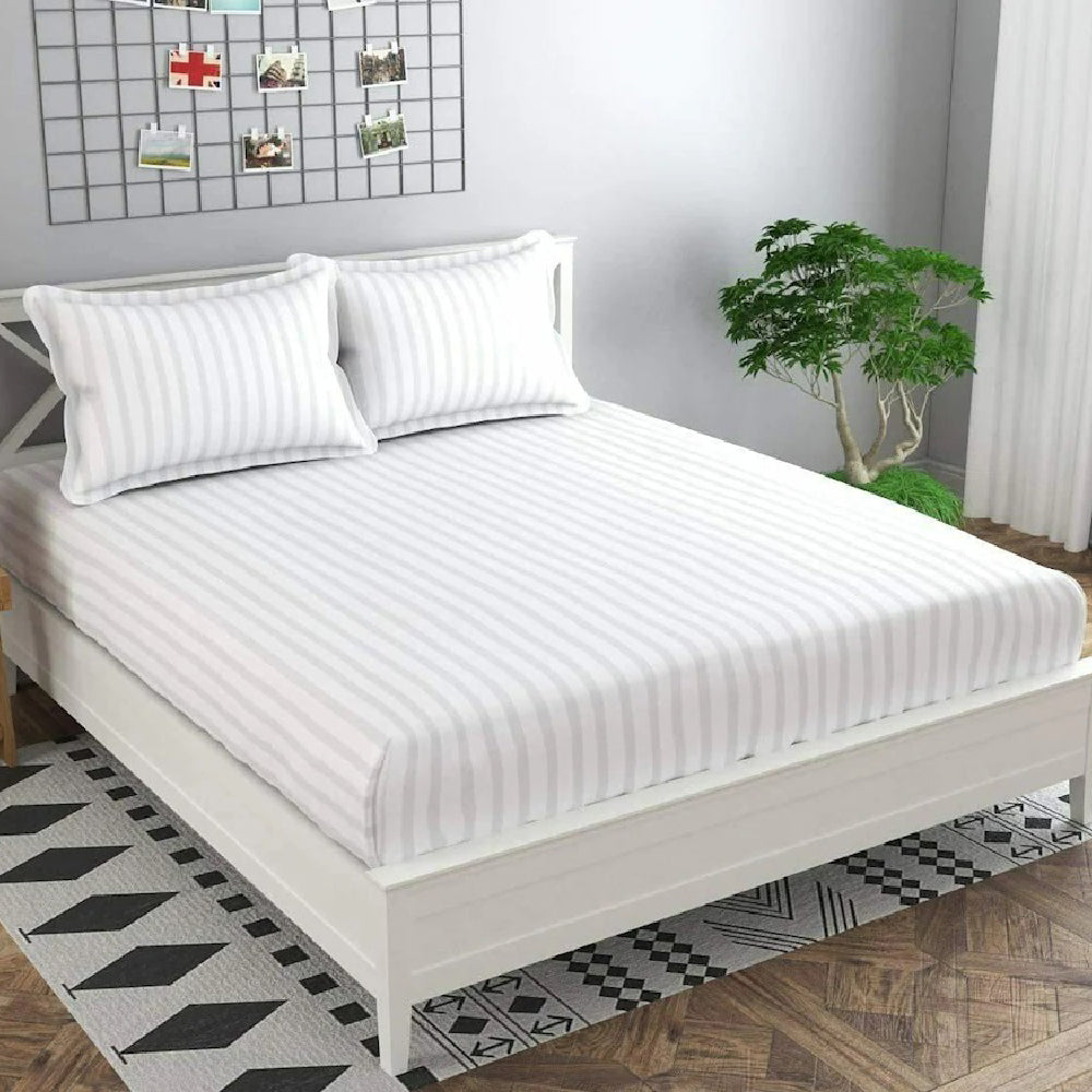 White Satin Stripe Fitted Bedsheets | Luxury Hotel Style Bedding