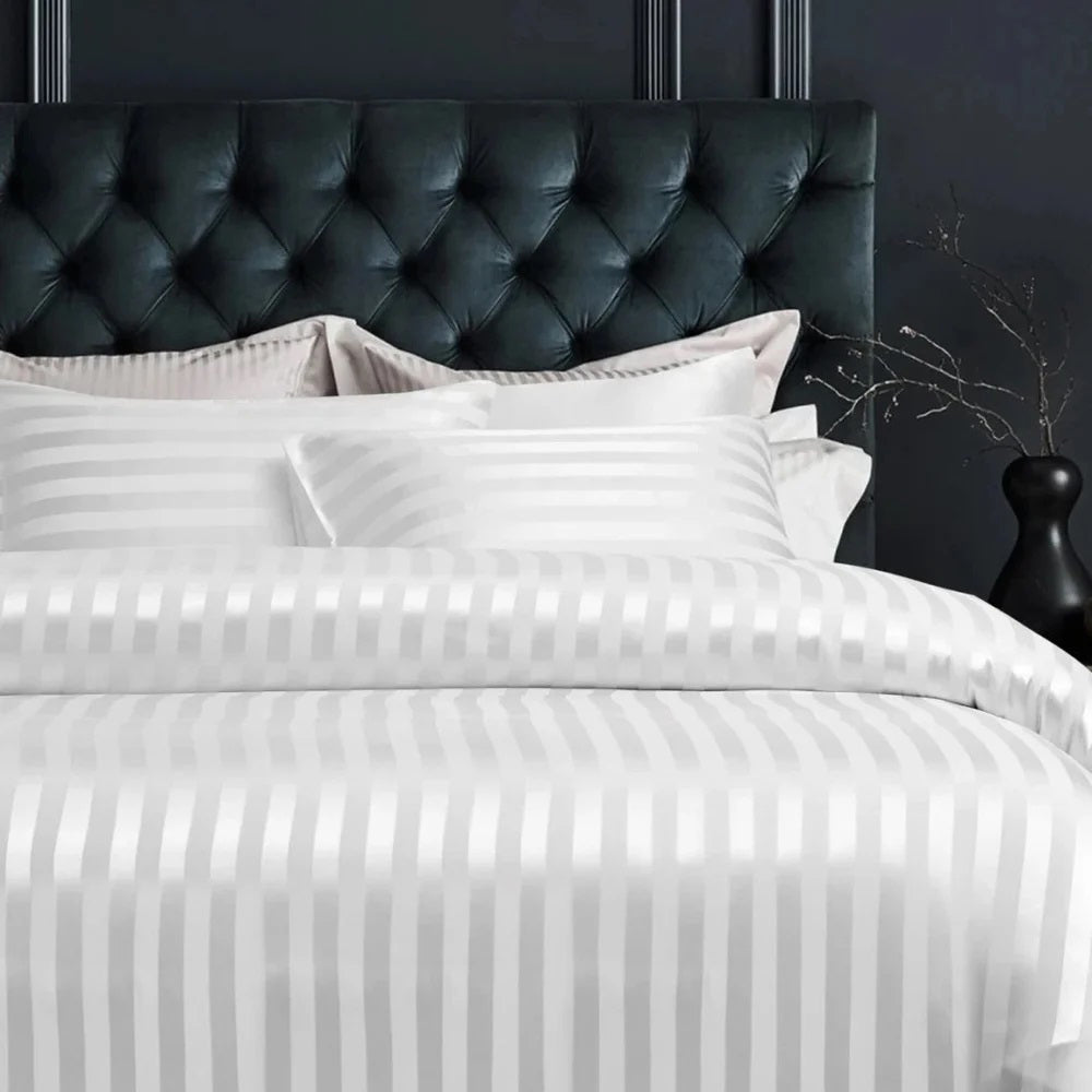 White Satin Stripe Flat Bedsheet | Elegant Hotel Style Luxury Bedding