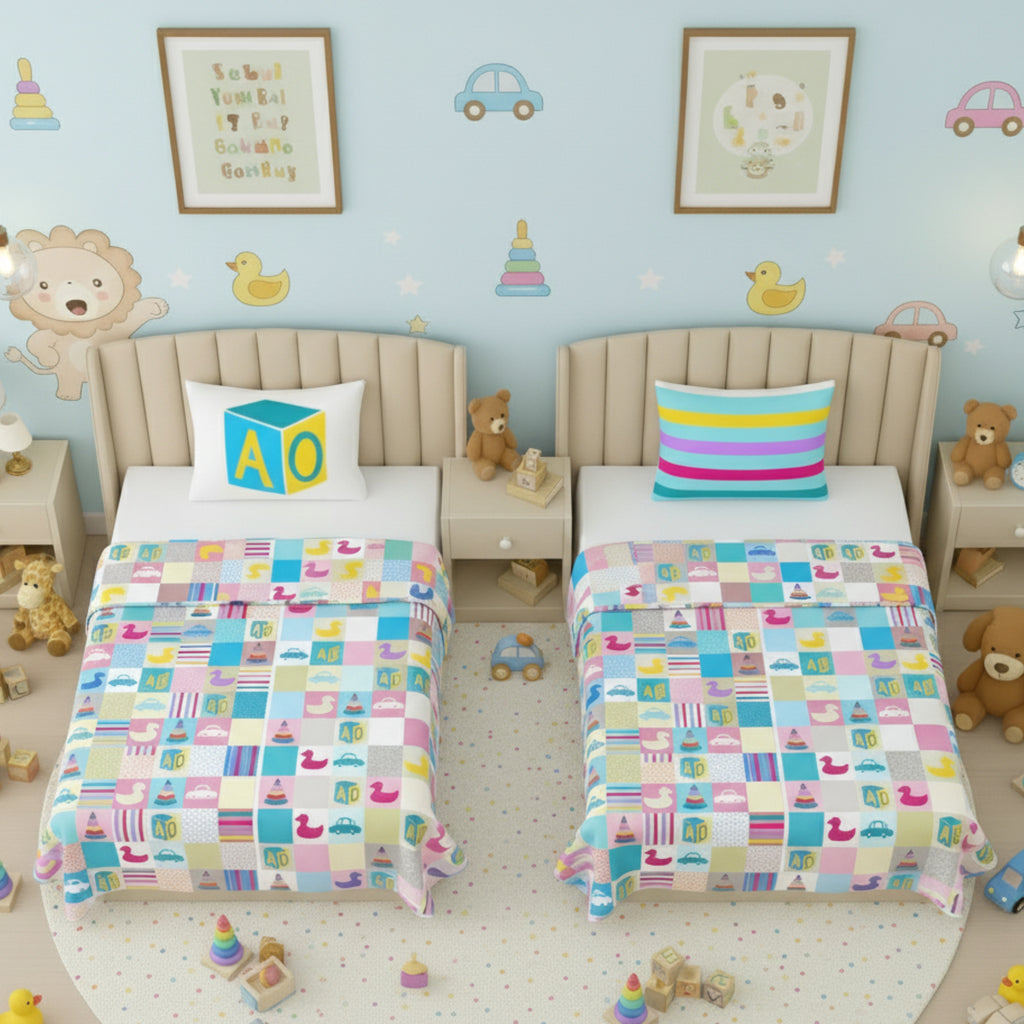 Kids Cartoon Print Reversible Dohar Soft Cotton Baby Blanket, 2-in-1 Double Sided Design, Lightweight Summer / AC Cotton Blanket for Babies, Toddlers & Kids | Breathable Blanket | 39"x59" Inches