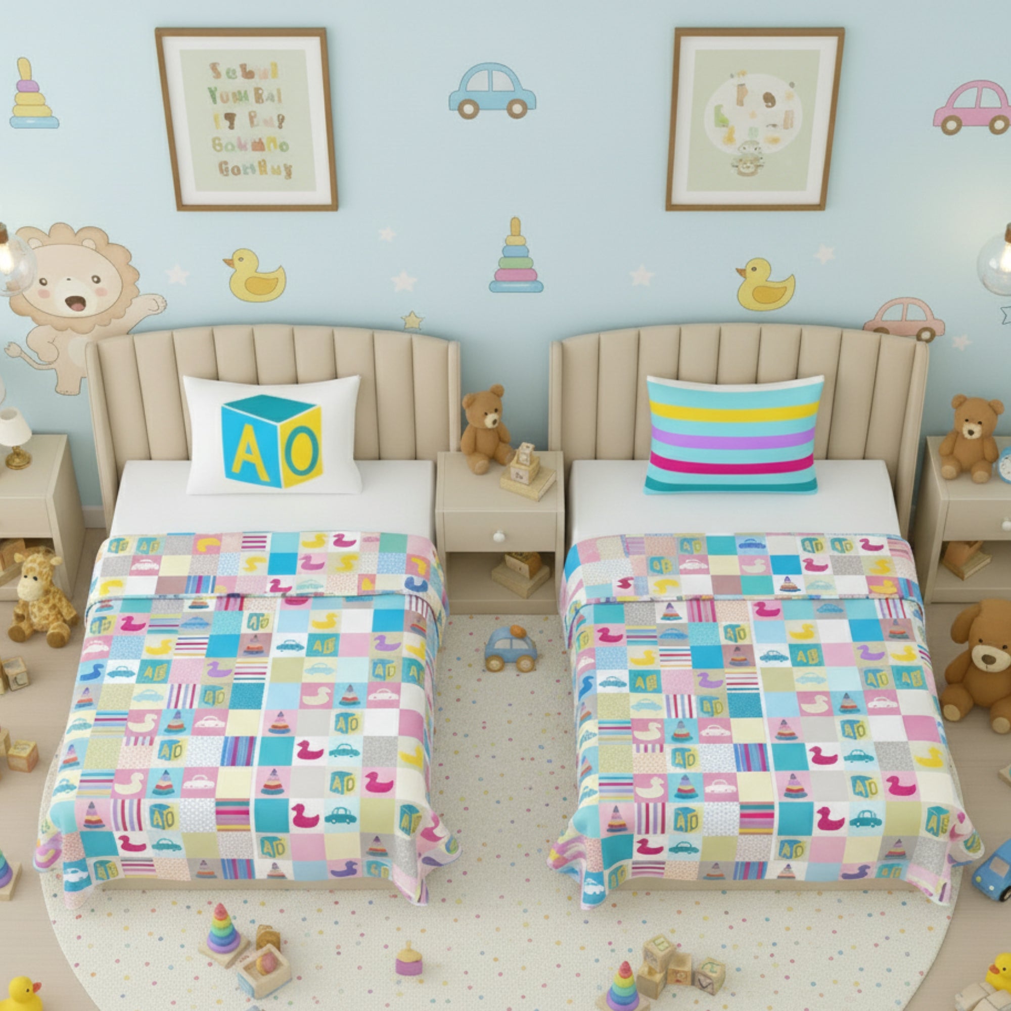 Kids Cartoon Print Reversible Dohar Soft Cotton Baby Blanket, 2-in-1 Double Sided Design, Lightweight Summer / AC Cotton Blanket for Babies, Toddlers & Kids | Breathable Blanket | 39"x59" Inches